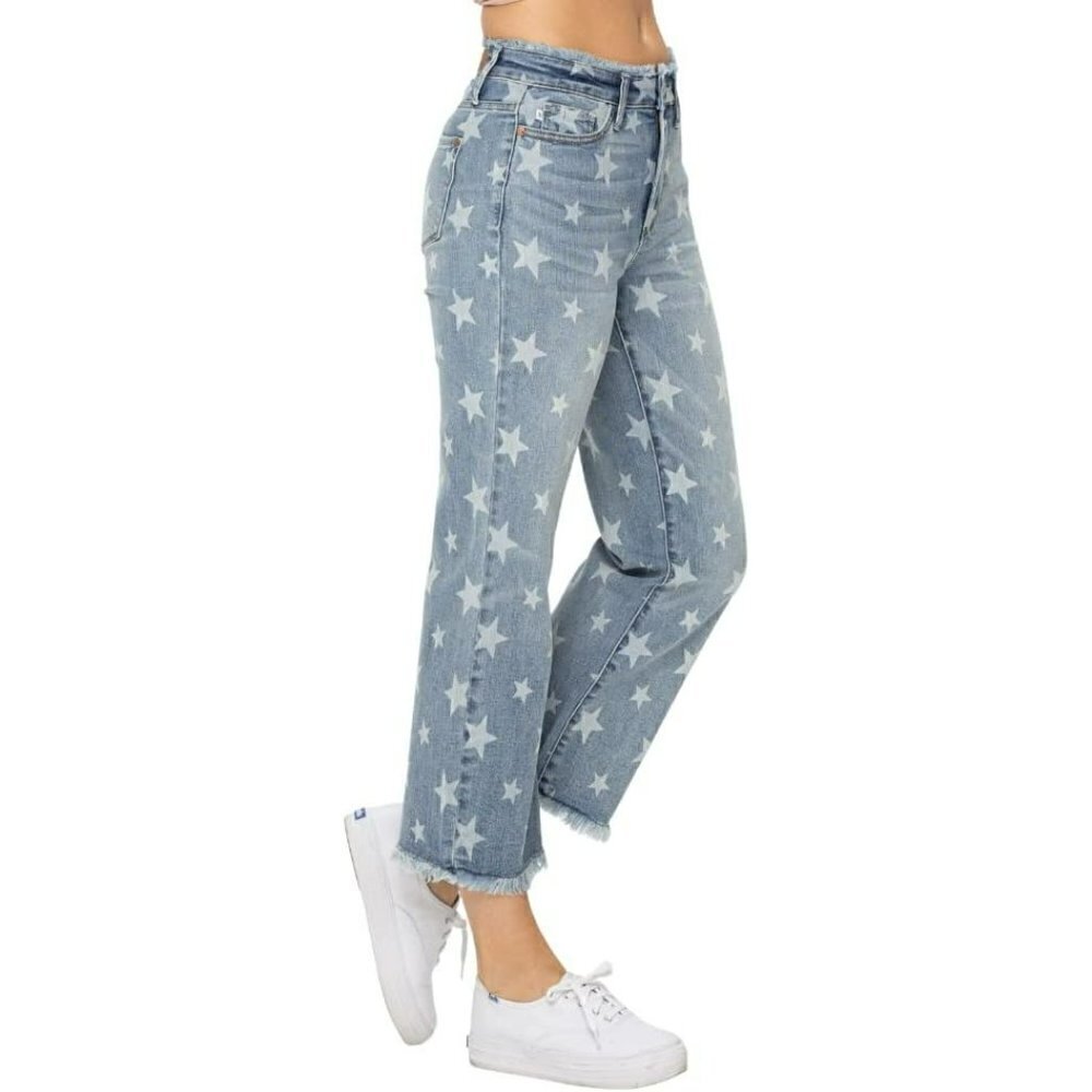 Judy Blue High Waist Star Print Cropped Straight Jeans 88573 size 11/30 - Picture 2 of 5